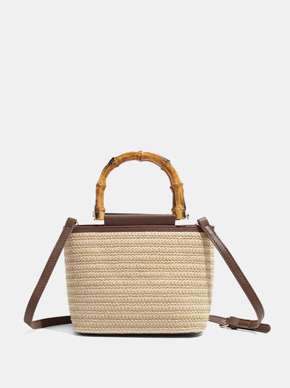Bamboo Handle Straw Crossbody Handbag