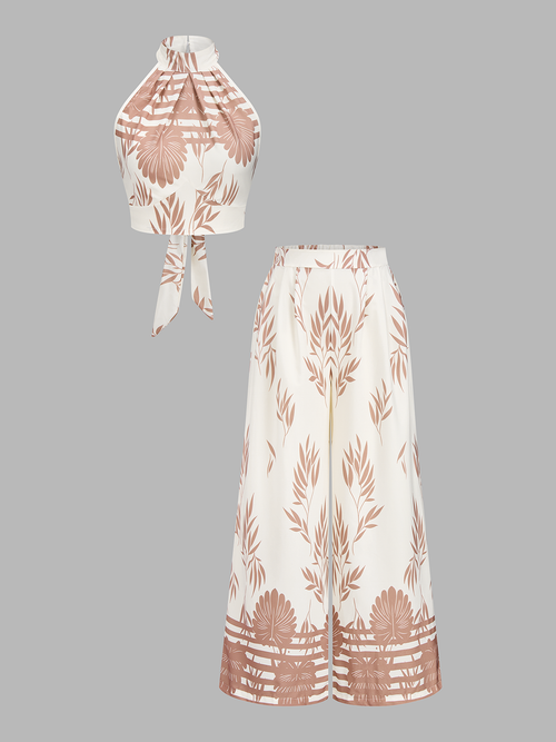Leaf Print Halter Neck Crop Top & Pants Set
