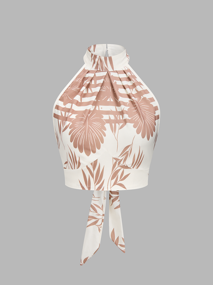 Leaf Print Halter Neck Crop Top & Pants Set