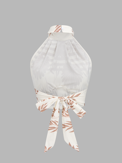 Leaf Print Halter Neck Crop Top & Pants Set