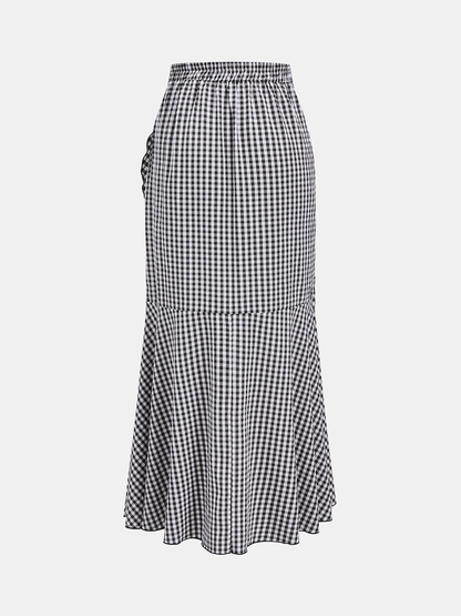 Gingham Ruffled Asymmetric Maxi Skirt