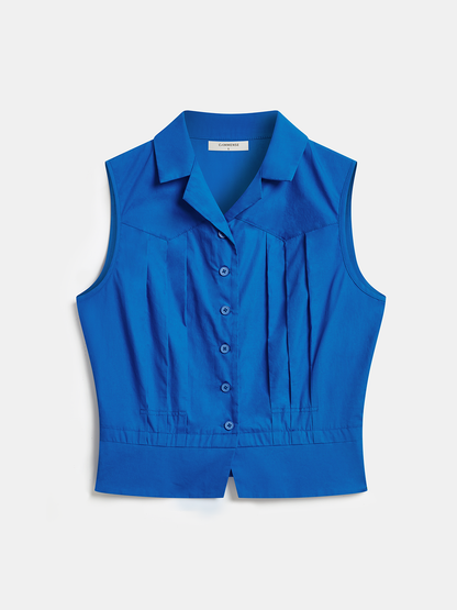Cotton Sleeveless Pleated Button-Down Vest