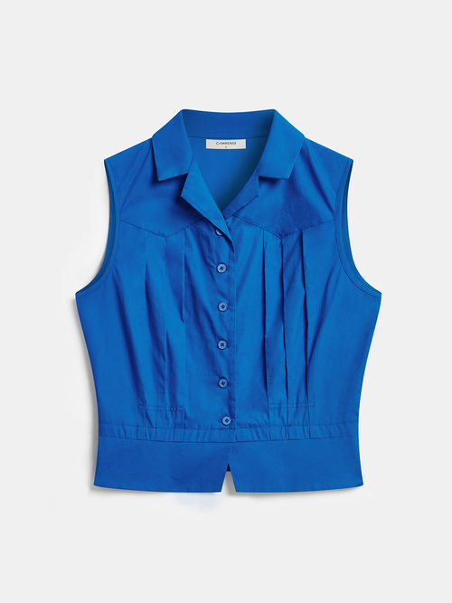 Cotton Sleeveless Pleated Button-Down Vest