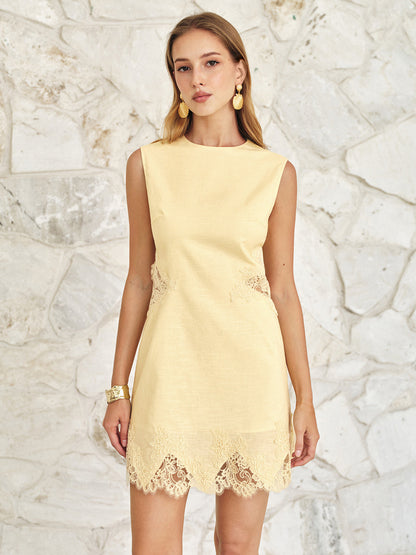 Backless Lace Cotton Linen Mini Dress