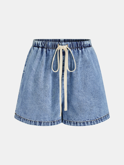Side Slit Denim Vest & Drawstring Shorts Set