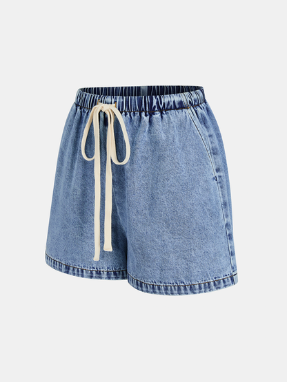 Side Slit Denim Vest & Drawstring Shorts Set