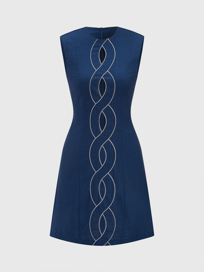 Linen & Cotton Cut-Out Contrast-Stitch Mini Dress