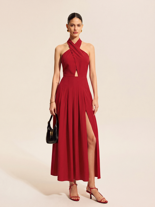 Halter Slit Cotton Linen Maxi Dress