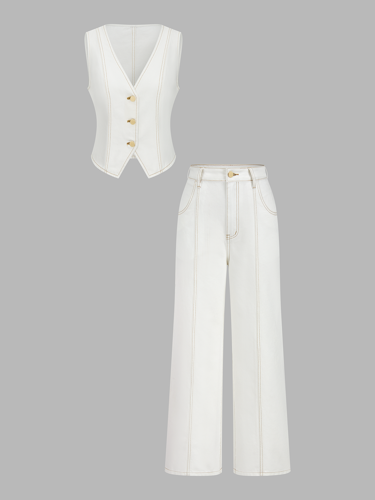 Contrast Stitch Denim Vest & Wide Leg Pants Set