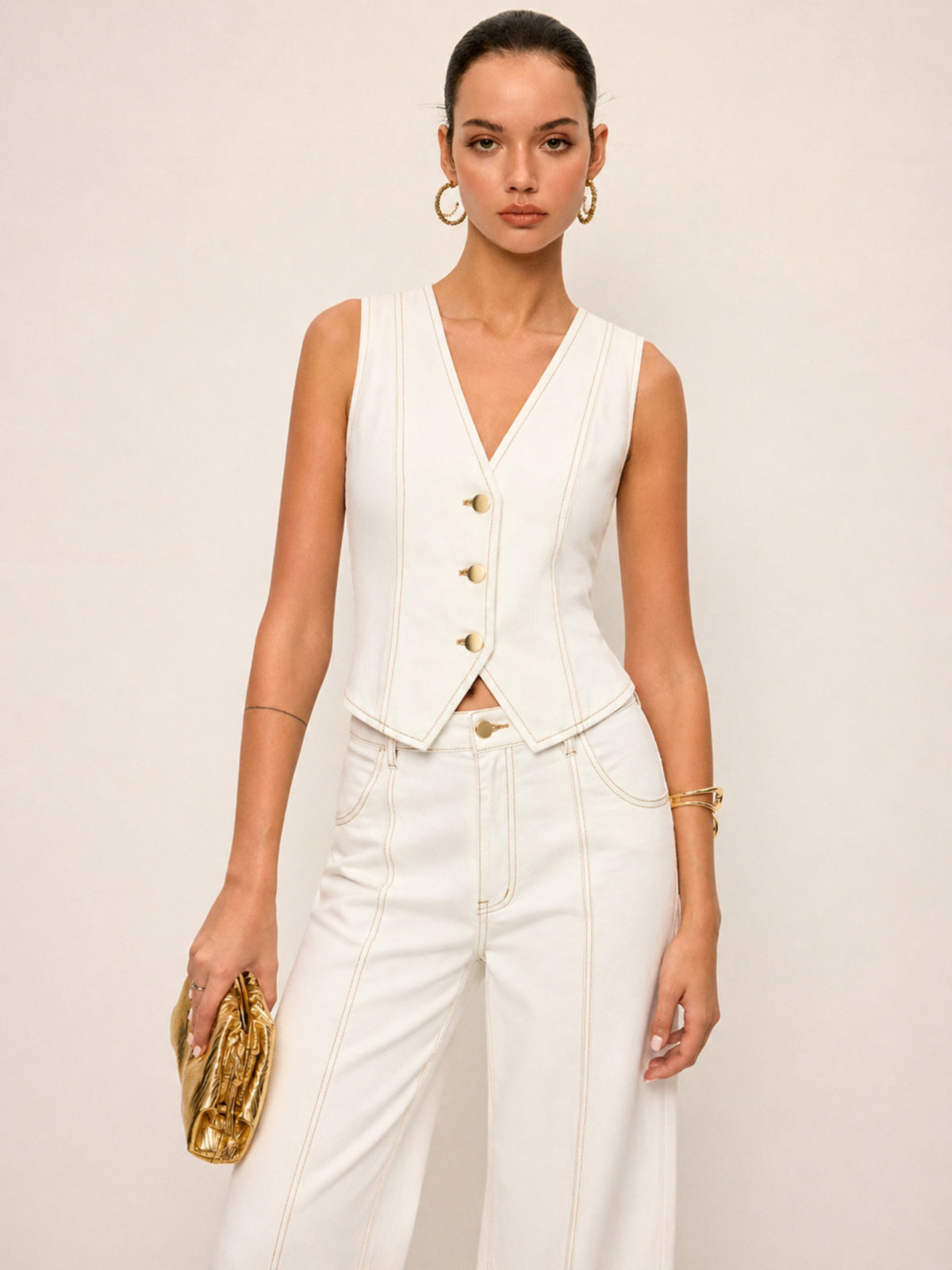 Contrast Stitch Denim Vest & Wide Leg Pants Set