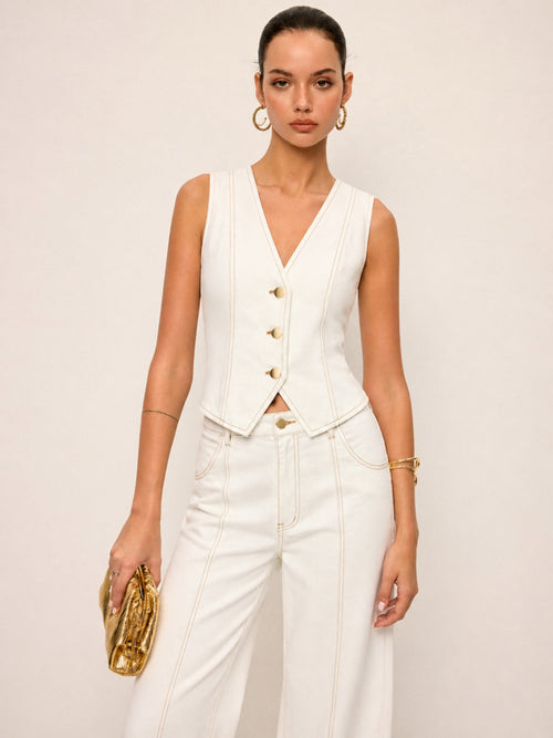 Contrast Stitch Denim Vest & Wide Leg Pants Set
