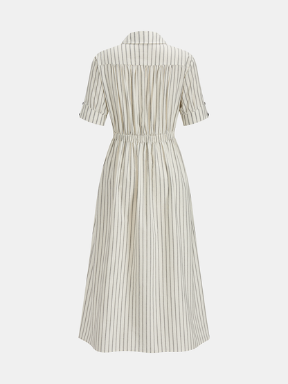 Cotton Linen Striped Midi Shirt Dress