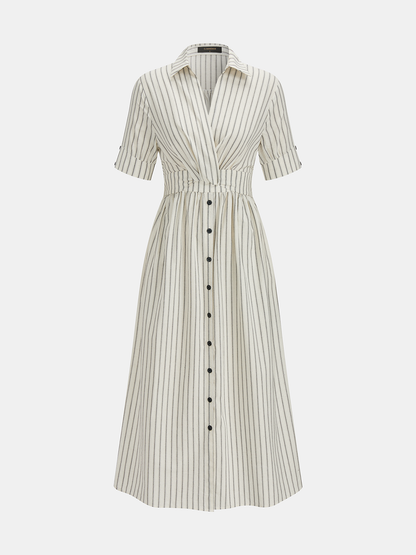 Cotton Linen Striped Midi Shirt Dress