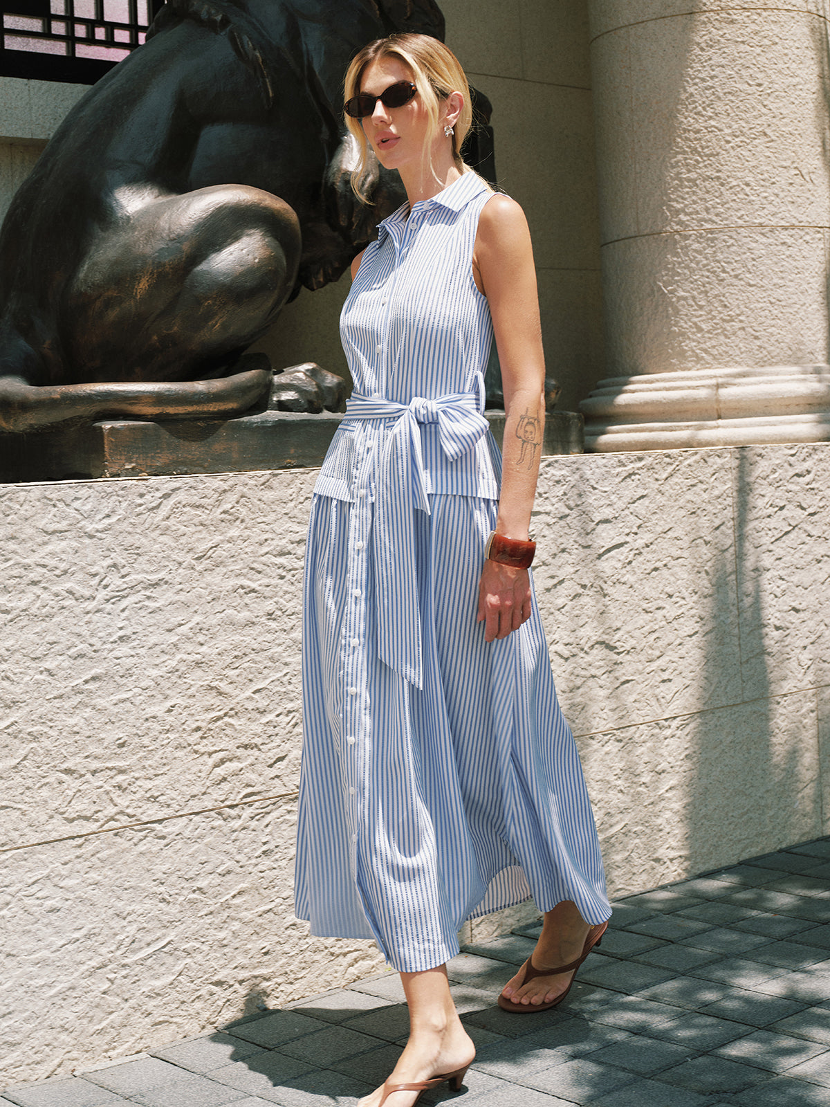 Striped Sleeveless Belted Maxi Shirt Dress