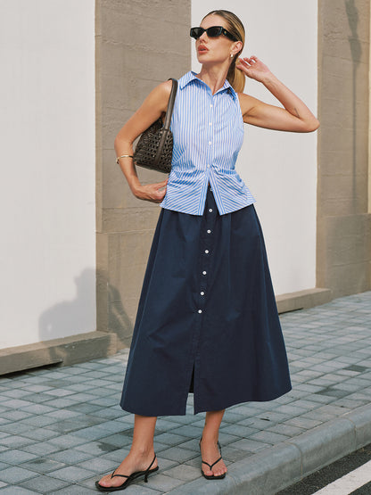 Sleeveless Striped Patchwork Midi Dress