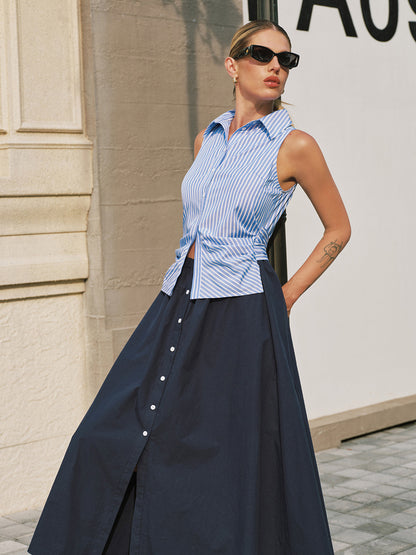 Sleeveless Striped Patchwork Midi Dress