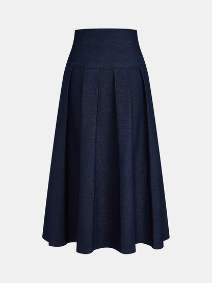 Faux Denim Pleated A-Line Midi Skirt