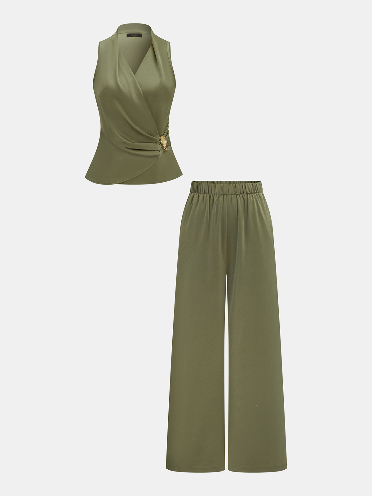 Wrap-Front Sleeveless Top & Wide-Leg Pants Set