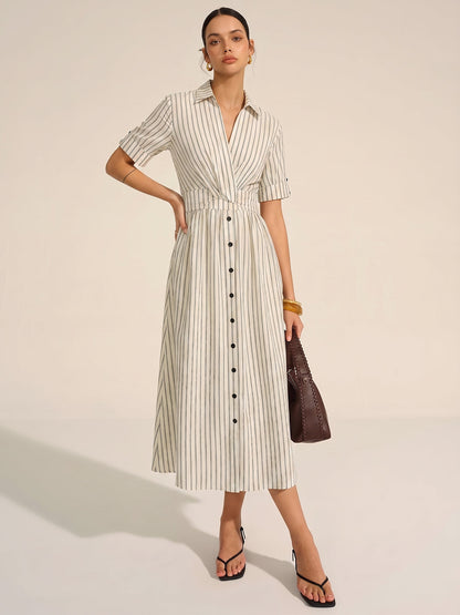 Cotton Linen Striped Midi Shirt Dress