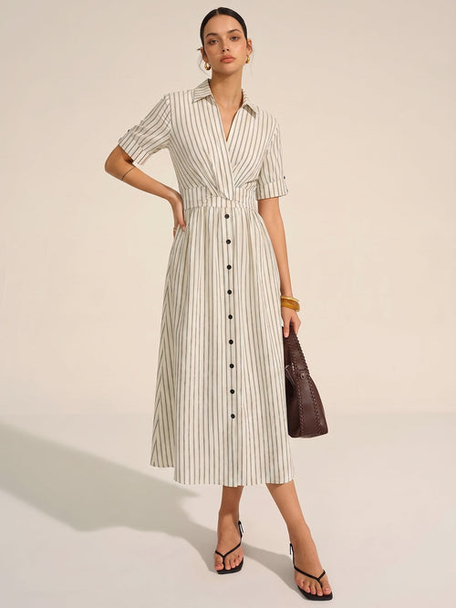 Cotton Linen Striped Midi Shirt Dress