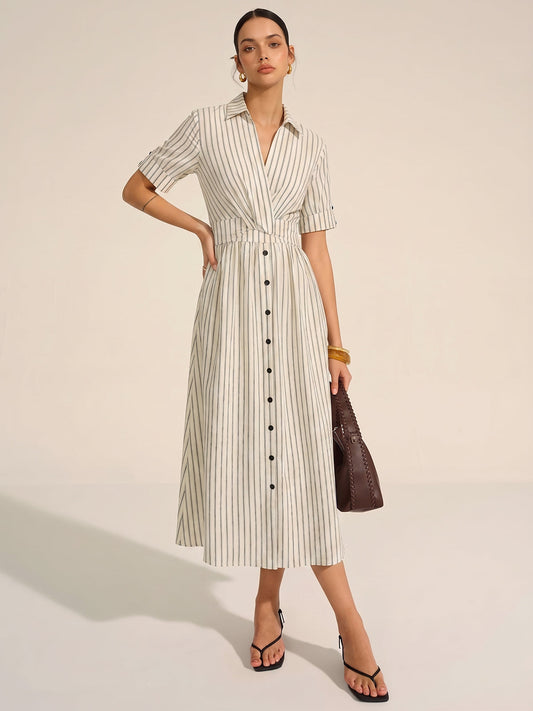 Cotton Linen Striped Midi Shirt Dress