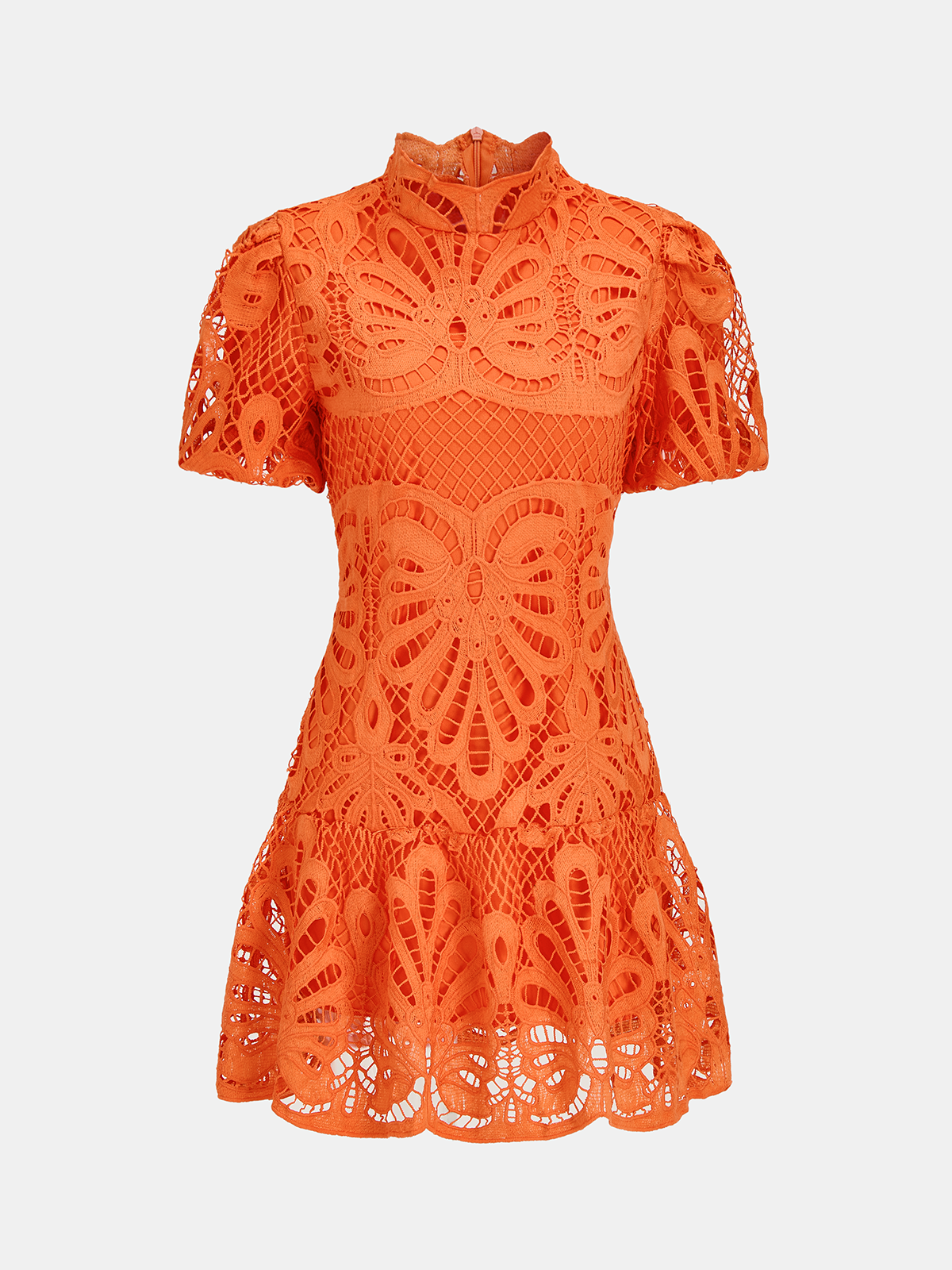 High Neck Short Sleeve Guipure Lace Mini Dress