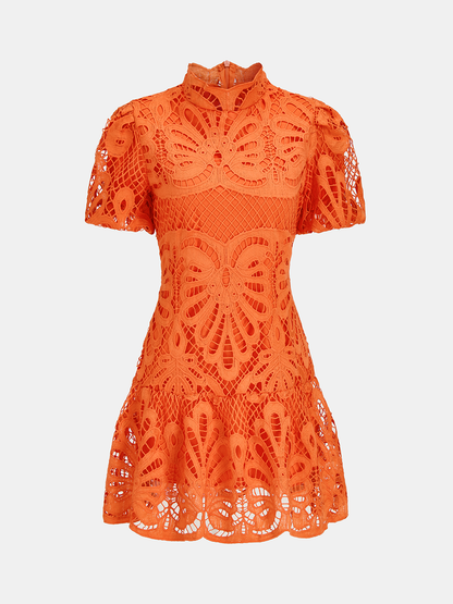 High Neck Short Sleeve Guipure Lace Mini Dress