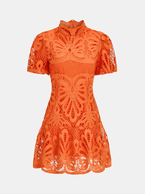 High Neck Short Sleeve Guipure Lace Mini Dress
