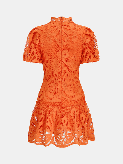 High Neck Short Sleeve Guipure Lace Mini Dress