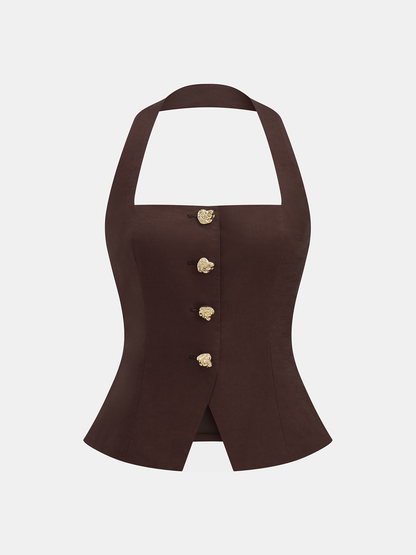 Cotton Linen Halter Buttoned Top & Pants Set