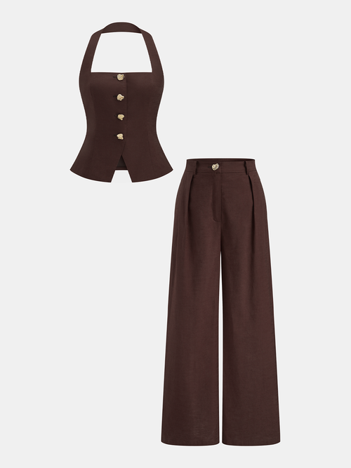 Cotton Linen Halter Buttoned Top & Pants Set