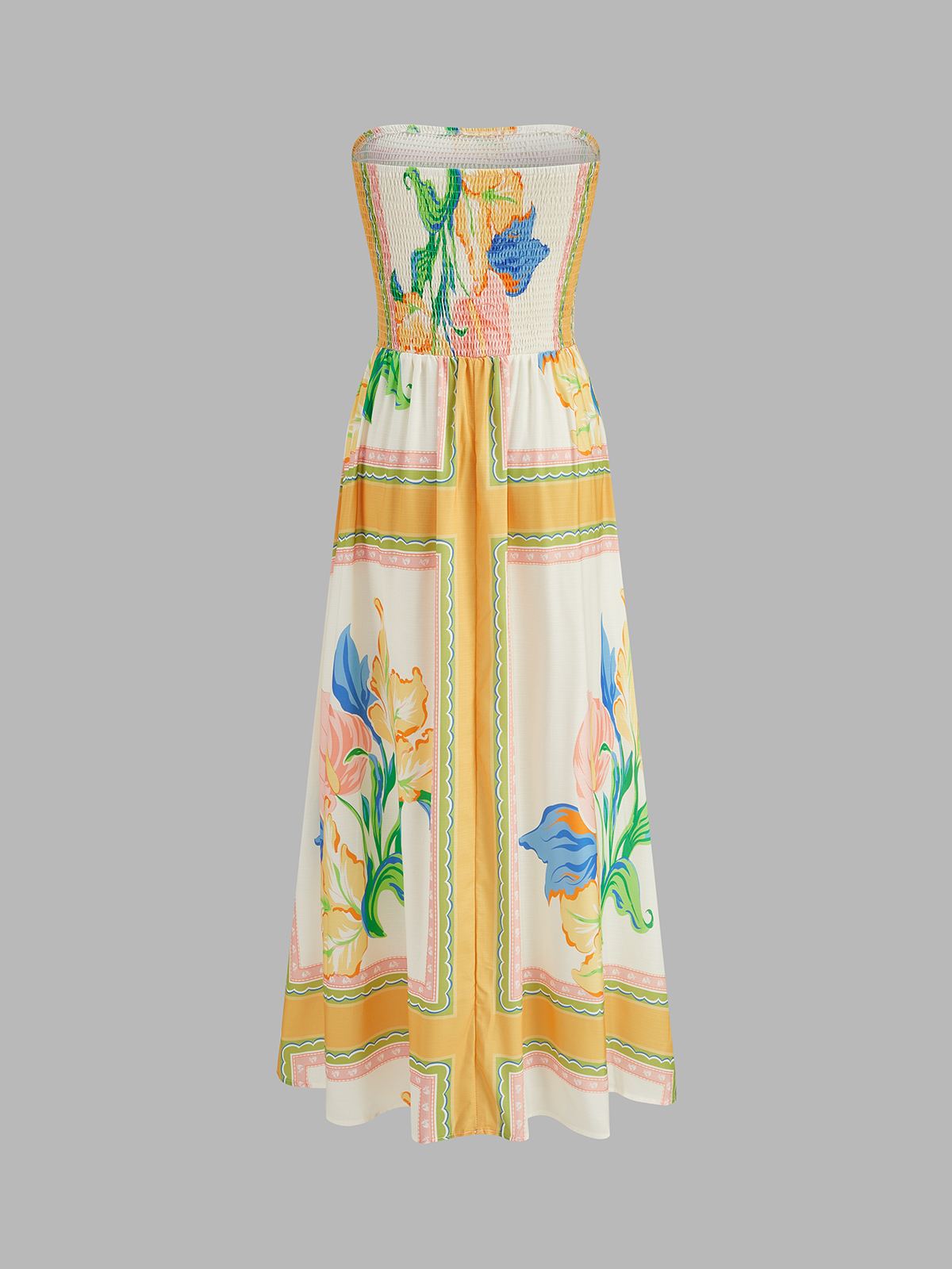 Smocked Bodice Strapless Floral Print Maxi Dress