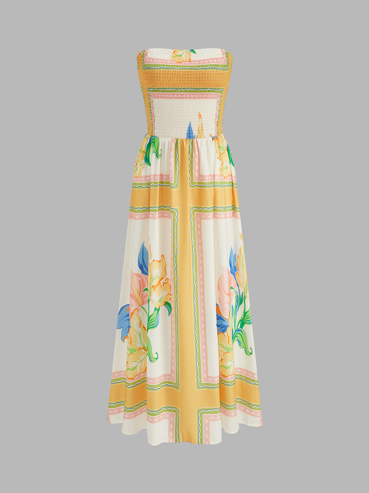 Smocked Bodice Strapless Floral Print Maxi Dress