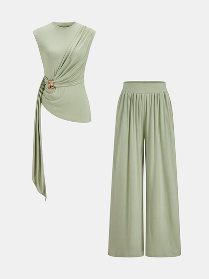 Draped Jersey Top & Wide-Leg Pants Set