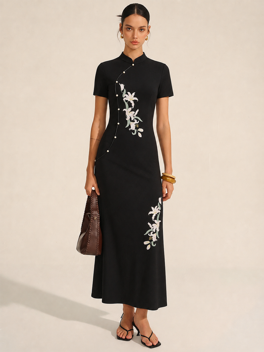 Floral Embroidered Cheongsam Maxi Dress