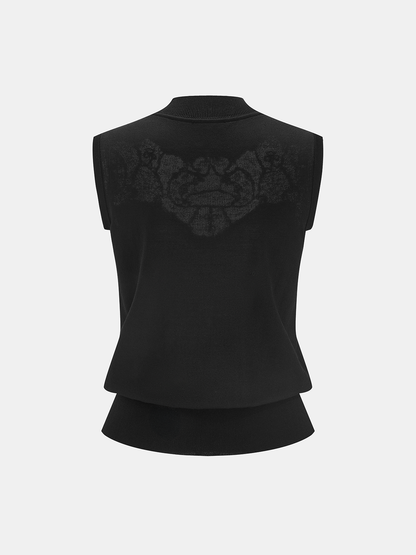 Lace Panel Mock Neck Knit Tank Top