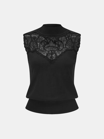 Lace Panel Mock Neck Knit Tank Top