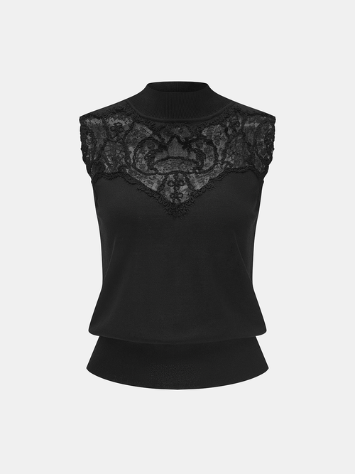 Lace Panel Mock Neck Knit Tank Top