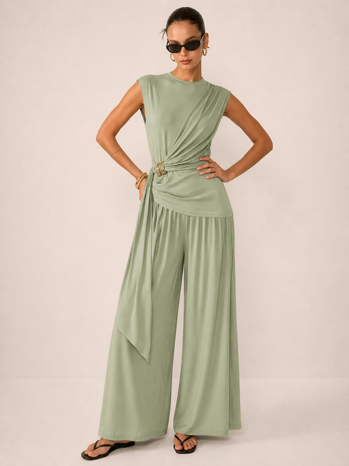 Draped Jersey Top & Wide-Leg Pants Set