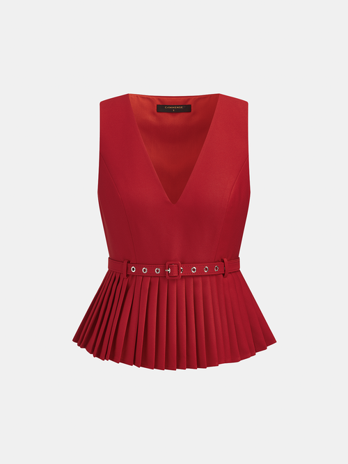 Pleated Belted V Neck Tank Top
