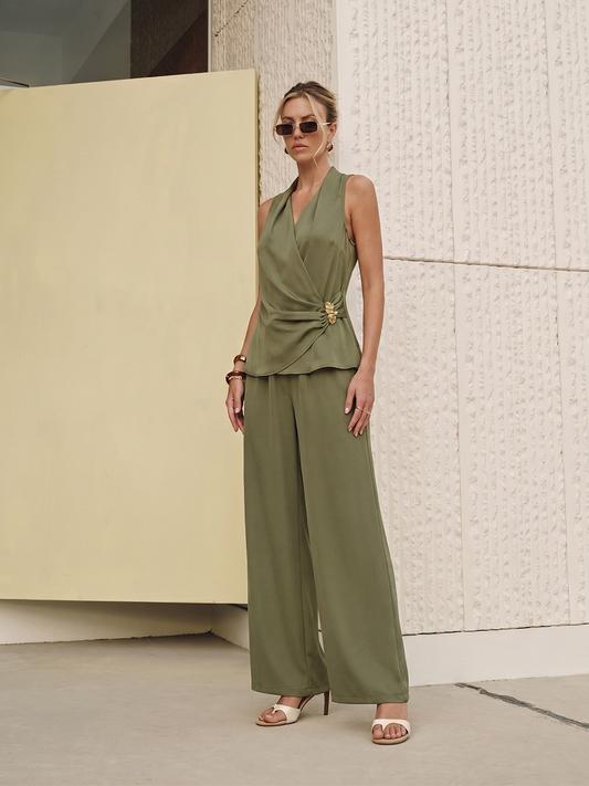 Wrap-Front Sleeveless Top & Wide-Leg Pants Set