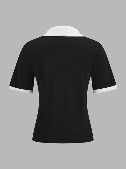 Short Sleeve Zipper Collar Knitted Polo Top