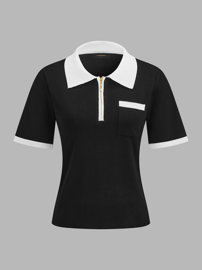 Short Sleeve Zipper Collar Knitted Polo Top