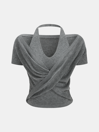 Crisscross Wrap Halter Neck Knit Top