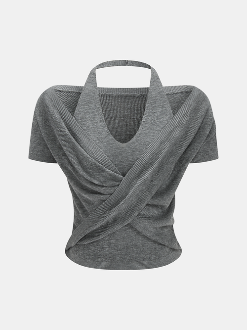 Crisscross Wrap Halter Neck Knit Top