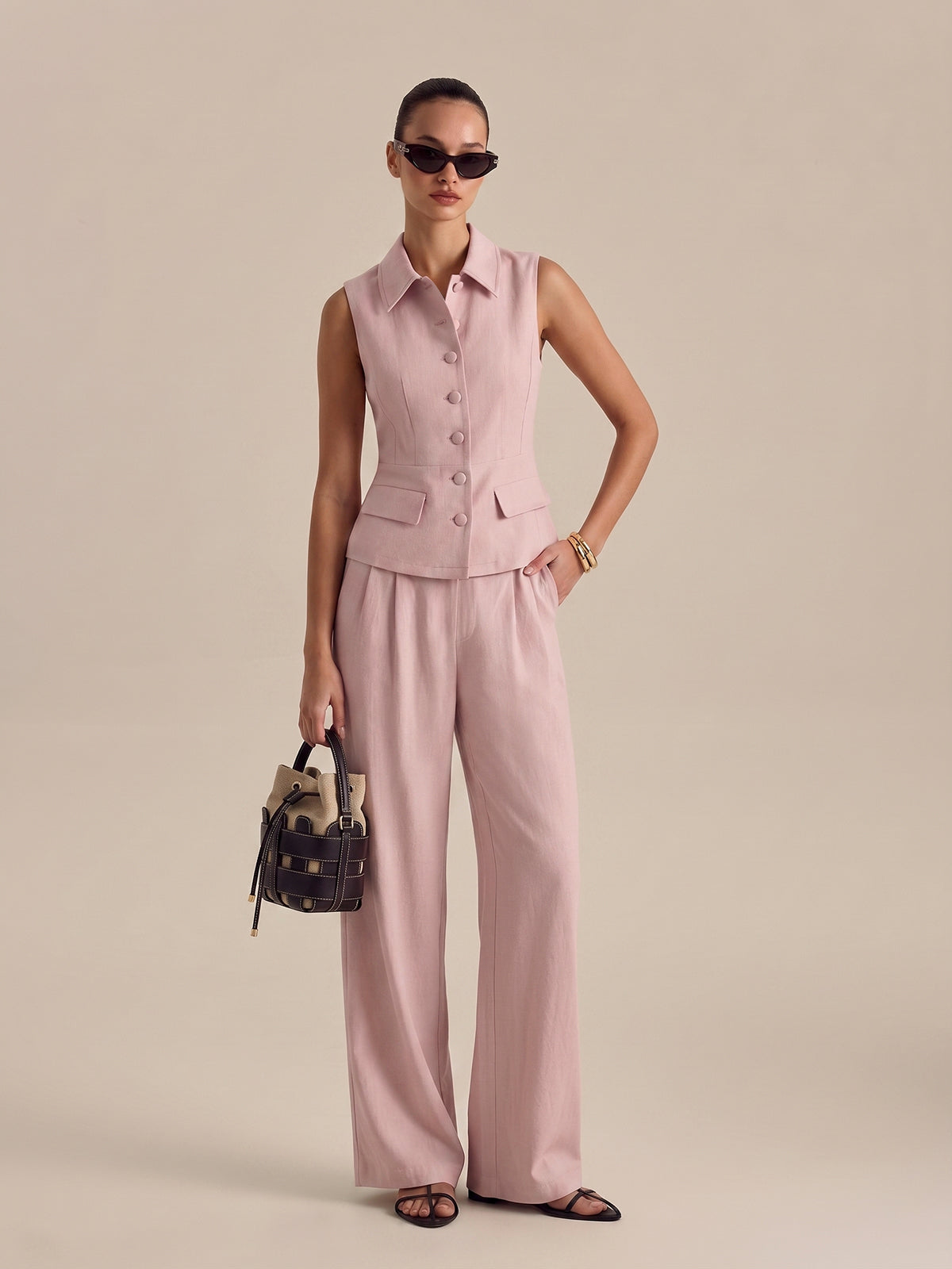 Collared Cotton Linen Vest & Pants Set