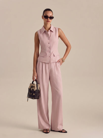 Collared Cotton Linen Vest & Pants Set