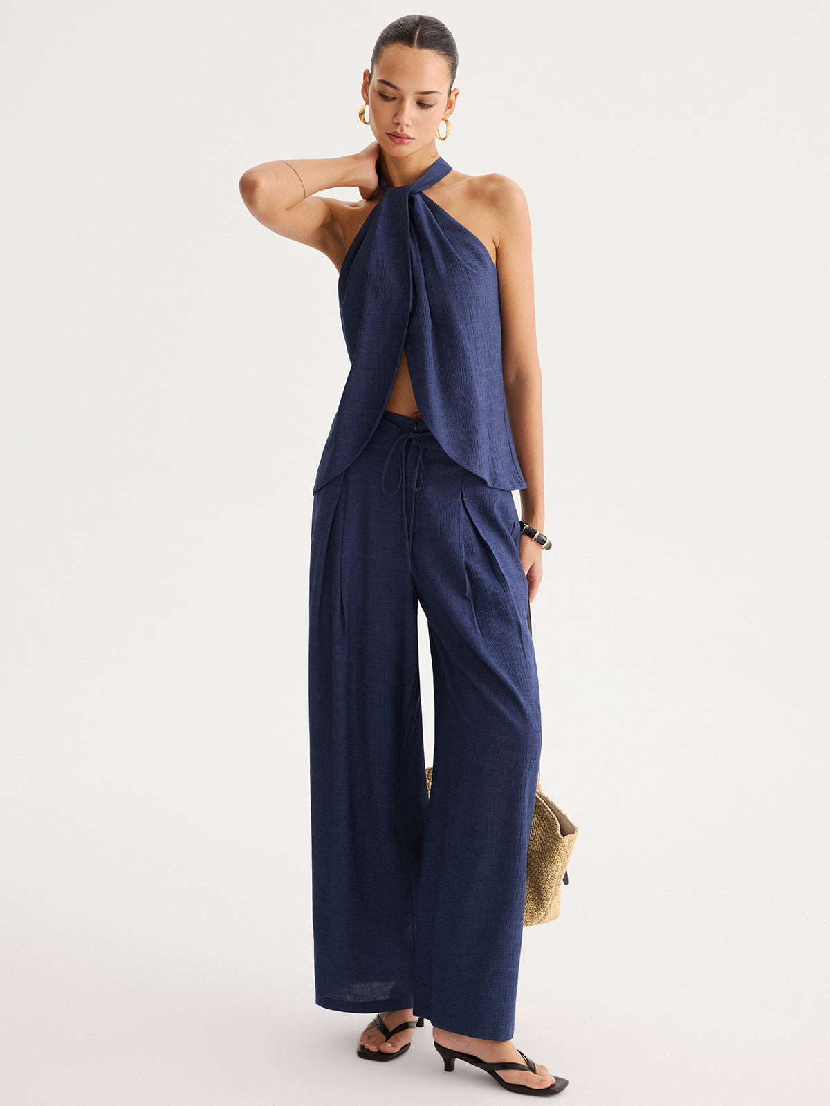 Slit-Front Halter Top & Wide Leg Pants Set