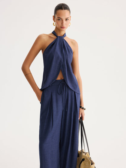 Slit-Front Halter Top & Wide Leg Pants Set