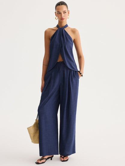 Slit-Front Halter Top & Wide Leg Pants Set